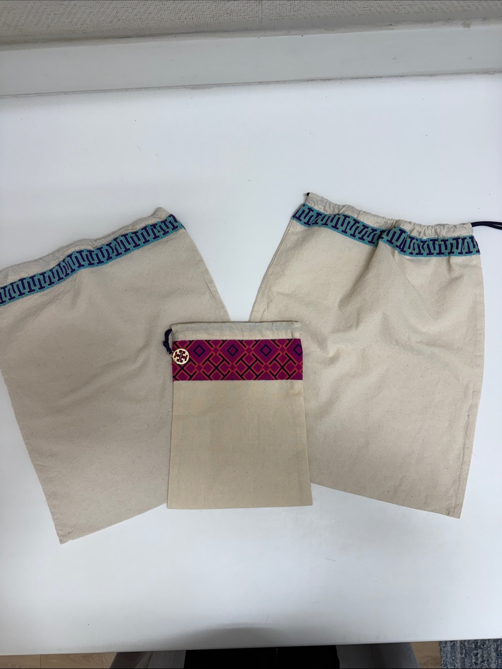 Tory Burch Canvas Dust Bag Trio with Pink and Teal Trim/Set of 3